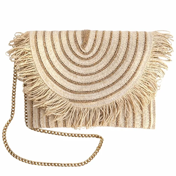 🌴 Urban Expressions Boho Straw Striped Fringe Clutch - Crossbody Cream and Gold - Picture 1 of 9
